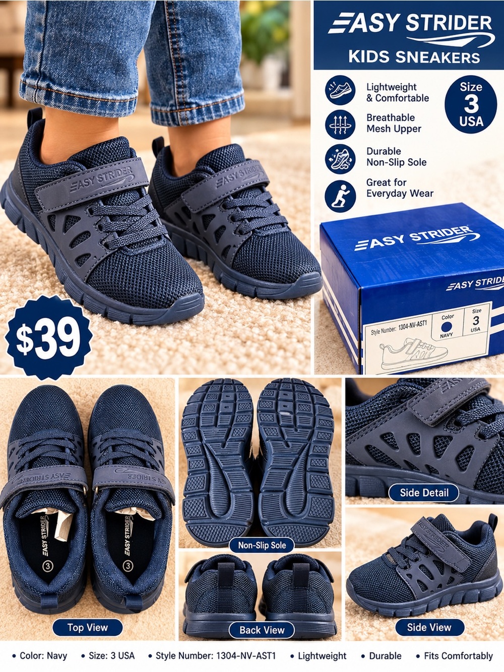 Kids Navy Mesh Sneakers - Comfortable Non-Slip Shoes